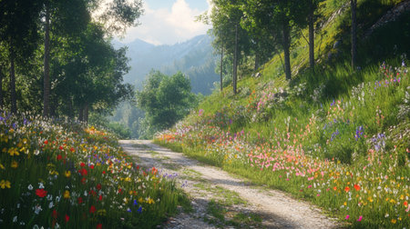 Road through the meadow with wildflowers and mountains in the backgroundの写真素材