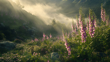 Sunset in the mountains with pink foxglove flowers and fogの写真素材