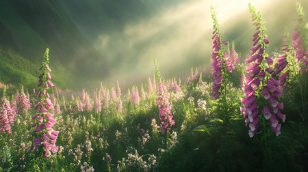 Digitalis purpurea flowers blooming in the morning in the mountainsの写真素材