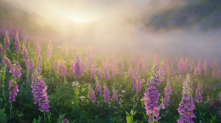 Mountain meadow with pink foxglove flowers at sunset.の写真素材