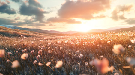 Beautiful meadow with blooming cotton flowers in mountains at sunset.の写真素材