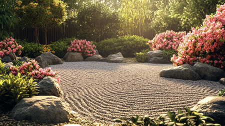 Garden stone pathway in the morning light with beautiful flowers in the gardenの写真素材