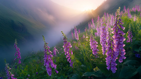 Foxglove flowers at sunrise in the mountains. Beautiful summer landscapeの写真素材