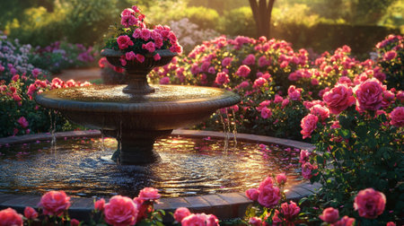 Beautiful roses blooming in the garden with water fountain at sunsetの写真素材