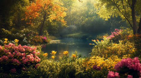 Beautiful autumn landscape with lake and colorful flowers in a park.の写真素材