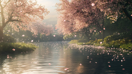 Cherry blossoms in full bloom with the lake in the backgroundの写真素材