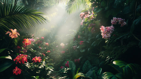 Beautiful tropical flowers in botanical garden. Nature background. Vintage tone.の写真素材