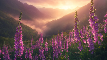 Foxglove flowers in the mountains at sunrise. Beautiful summer landscape.の素材