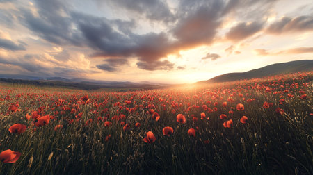 Red poppies on the meadow in the mountains at sunsetの写真素材