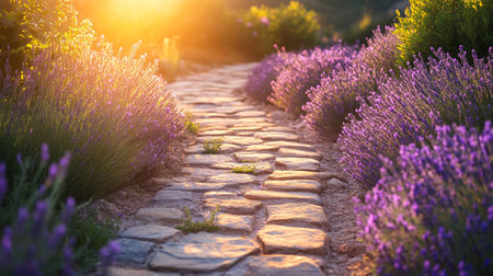 Lavender flowers blooming in the lavender field at sunsetの写真素材