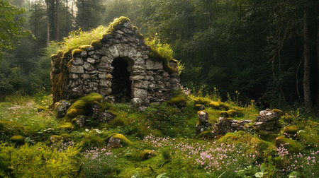 Old stone house in the middle of the forest with flowers in the foregroundの写真素材