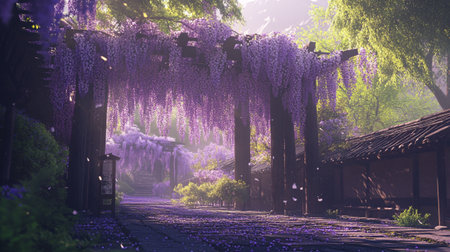 Wisteria blooming in a Japanese garden in springtime.の写真素材