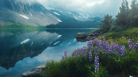 Mountain lake with lupine flowers and snowcapped mountainsの写真素材