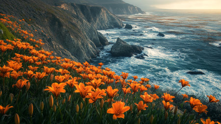 California Coastline with Orange Flowers, Pacific Ocean, California, USAの写真素材