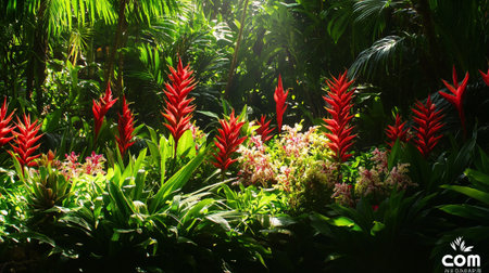 Beautiful tropical garden with green plants and red flowers, nature backgroundの写真素材