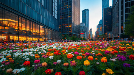 the flower garden at sunset time.の写真素材