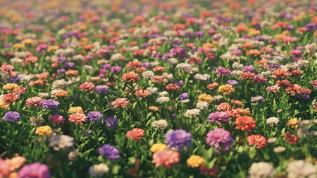 Colorful flowers blooming in the garden in the morning. Spring backgroundの写真素材