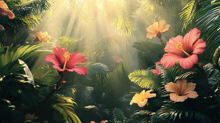 Hibiscus flowers in tropical garden with sunlight. Vintage toneの写真素材