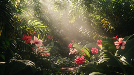 Beautiful tropical garden with palm trees and flowers - 3d renderの写真素材