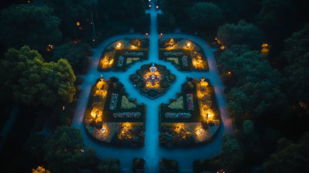 Aerial view of the beautiful garden in the evening at night.の写真素材