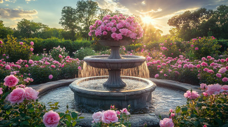 Beautiful view of rose garden with fountain at sunset. Summer landscape.の写真素材