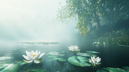 White water lilies on the lake in a foggy morning.の写真素材