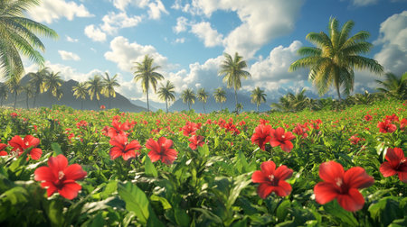 Red hibiscus flower field with palm trees and blue skyの写真素材