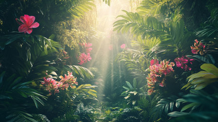 Tropical flower garden with sunlight in the morning, vintage toneの写真素材