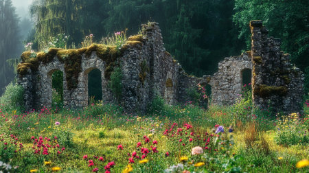 The ruins of an old house in the meadow with blooming flowersの写真素材