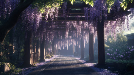 Wisteria tunnel in the morning, Japan. Vintage tone.の写真素材