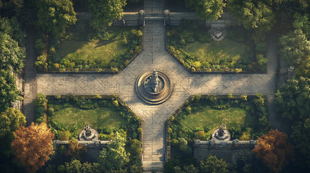 3d rendering of a park with a fountain in the middle.の写真素材