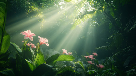 beautiful pink flower in the garden with sunlight and lens flare effectの写真素材