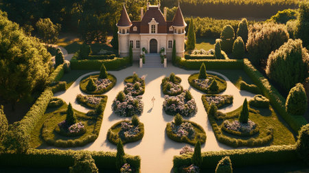 Aerial view of the beautiful garden with a chateau.の写真素材