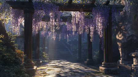 Wisteria blooming in the ancient temple, 3d renderの写真素材