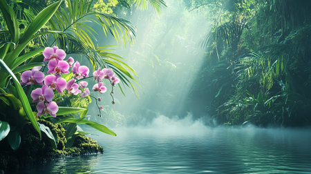 Beautiful pink orchid on the lake in tropical forest with fogの素材
