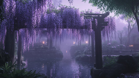 wisteria blooming in the garden with lanterns and fogの写真素材