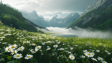 Foggy morning in the alpine meadow with daisiesの写真素材