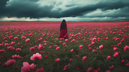 A girl in a red dress stands in a field of pink flowersの写真素材