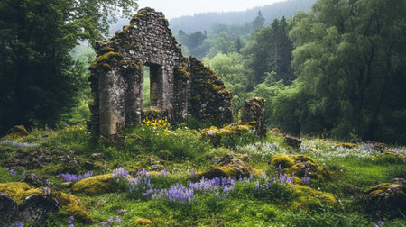 Old ruined church in the woods with blooming bluebells.の写真素材