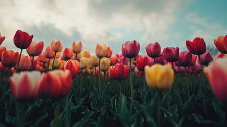 Colorful tulips in a field in springtime. Vintage styleの写真素材