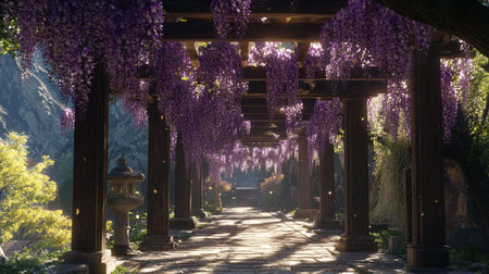 Beautiful wisteria tunnel in the park in the morning.の写真素材
