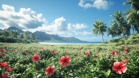 Landscape of hibiscus flower field on the beach.の写真素材
