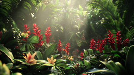 Beautiful tropical garden with red flowers and green leaves in sunlight.の写真素材