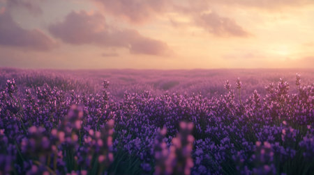 Beautiful purple lavender field at sunset. Vintage toned imageの写真素材