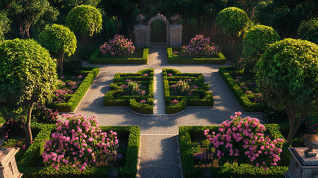 Luxury garden with blooming flowers at sunset time. Top viewの写真素材