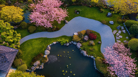 Aerial view of Japanese garden with pond and blooming cherry treesの写真素材