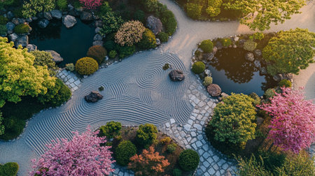 Aerial view of a Japanese garden with flowers and pond in spring.の写真素材