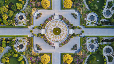 Aerial view of beautiful flower garden in the city park. Top viewの写真素材