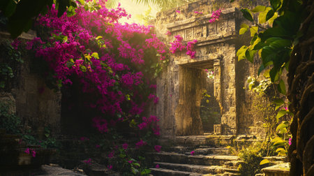 Bougainvillea flowers at ancient temple in Bali, Indonesiaの素材