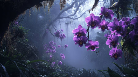 Purple orchids in a tropical rainforest in Hawaii.の写真素材